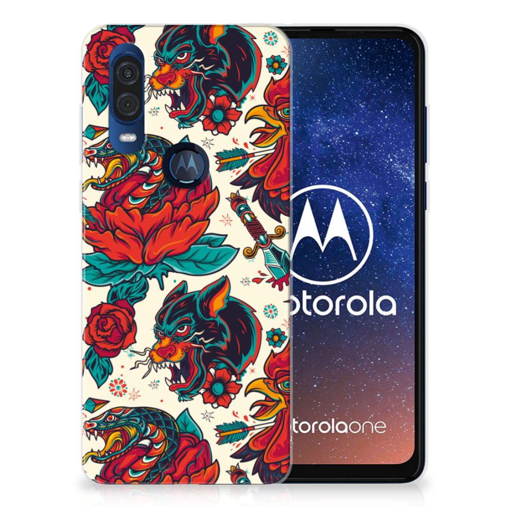 Motorola One Vision Siliconen Hoesje met foto Old Skool ontwerp achterkant