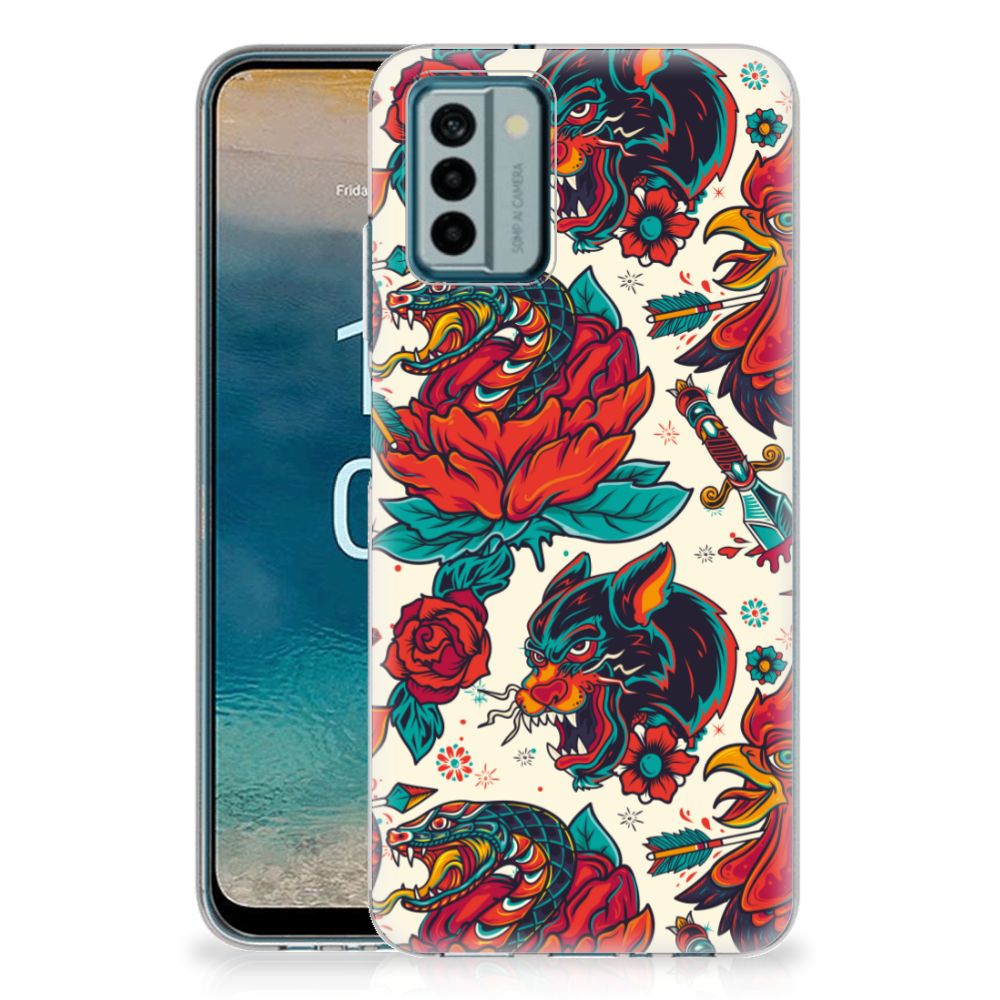 Siliconen Hoesje met foto voor Nokia G22 Old Skool met tattoo stijl en rozen, biedt bescherming en gebruiksgemak.