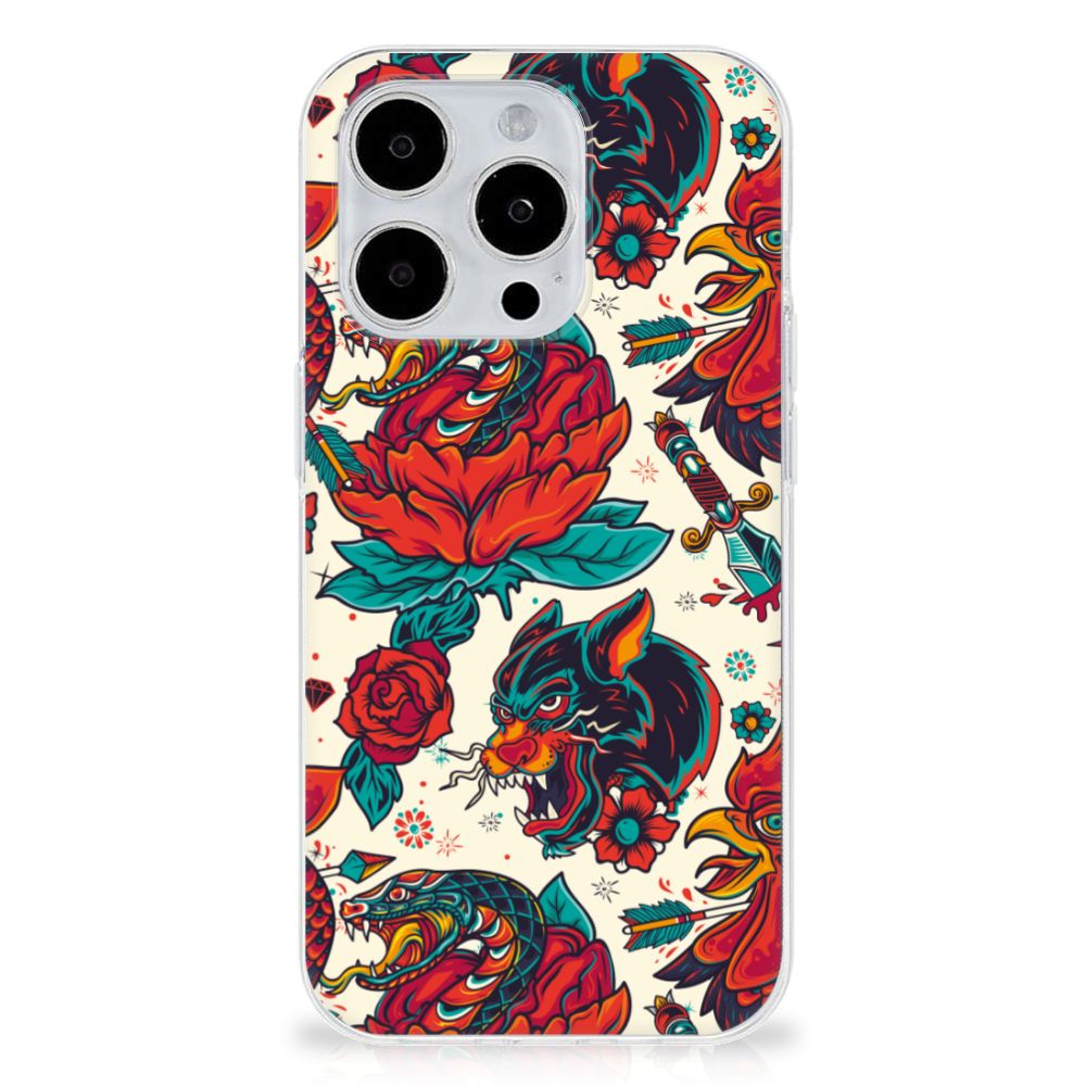 Siliconen Hoesje met foto voor iPhone 15 Pro Old Skool met vintage tatoeage ontwerp en kleurrijke bloemen.