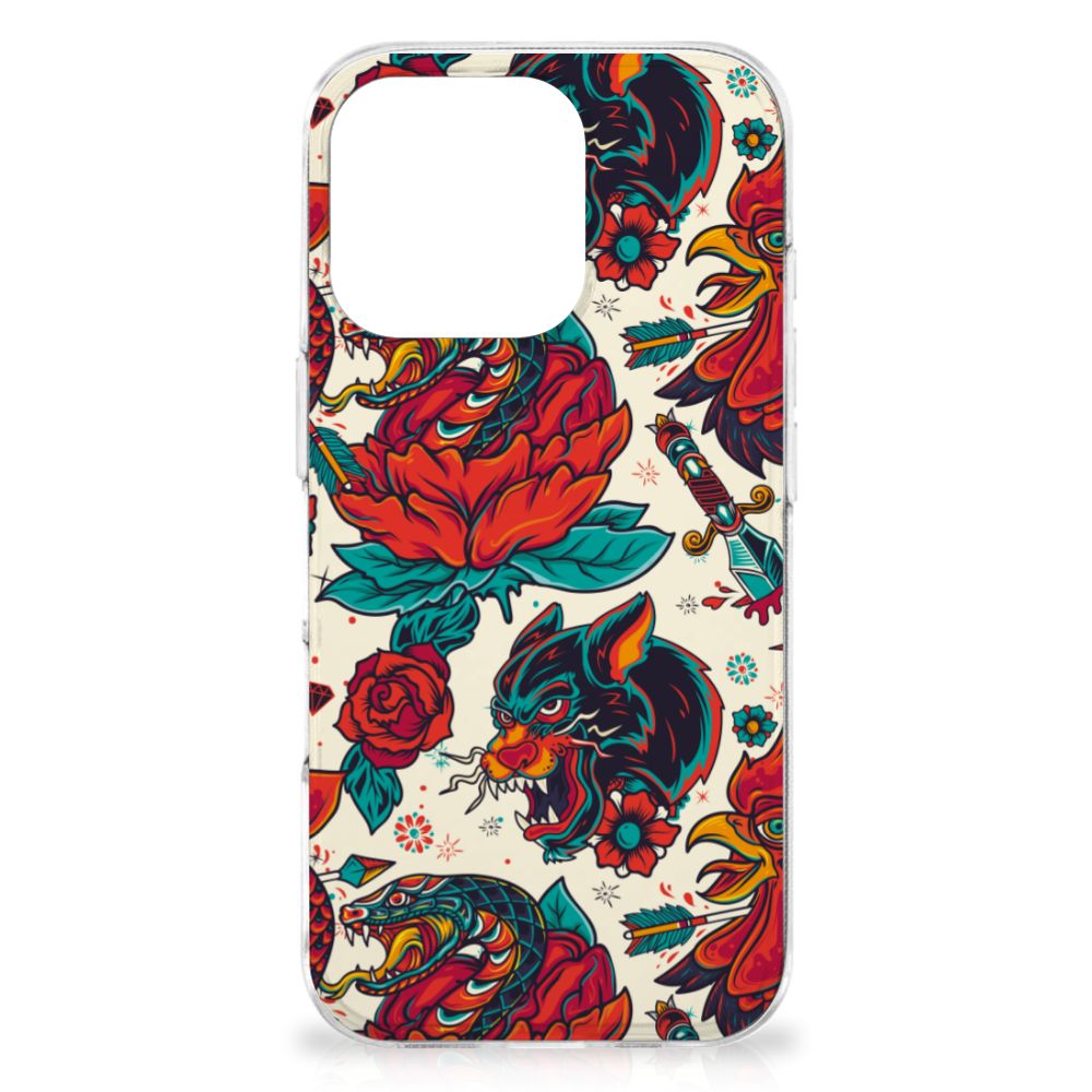 Apple iPhone 16 Pro Siliconen Hoesje met foto Old Skool tattoo design achterkant