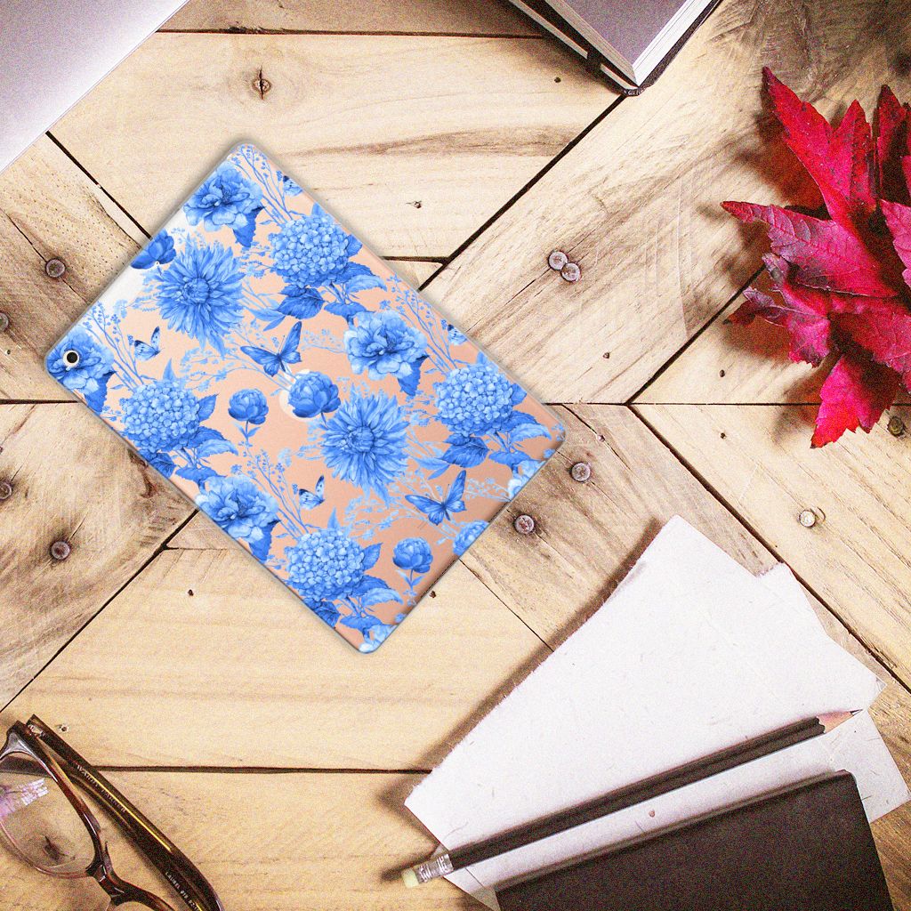 Apple iPad 10.2 Siliconen Hoesje voor Apple iPad 10.2 | iPad 10.2 (2020) | 10.2 (2021) Flowers Blue bovenaanzicht