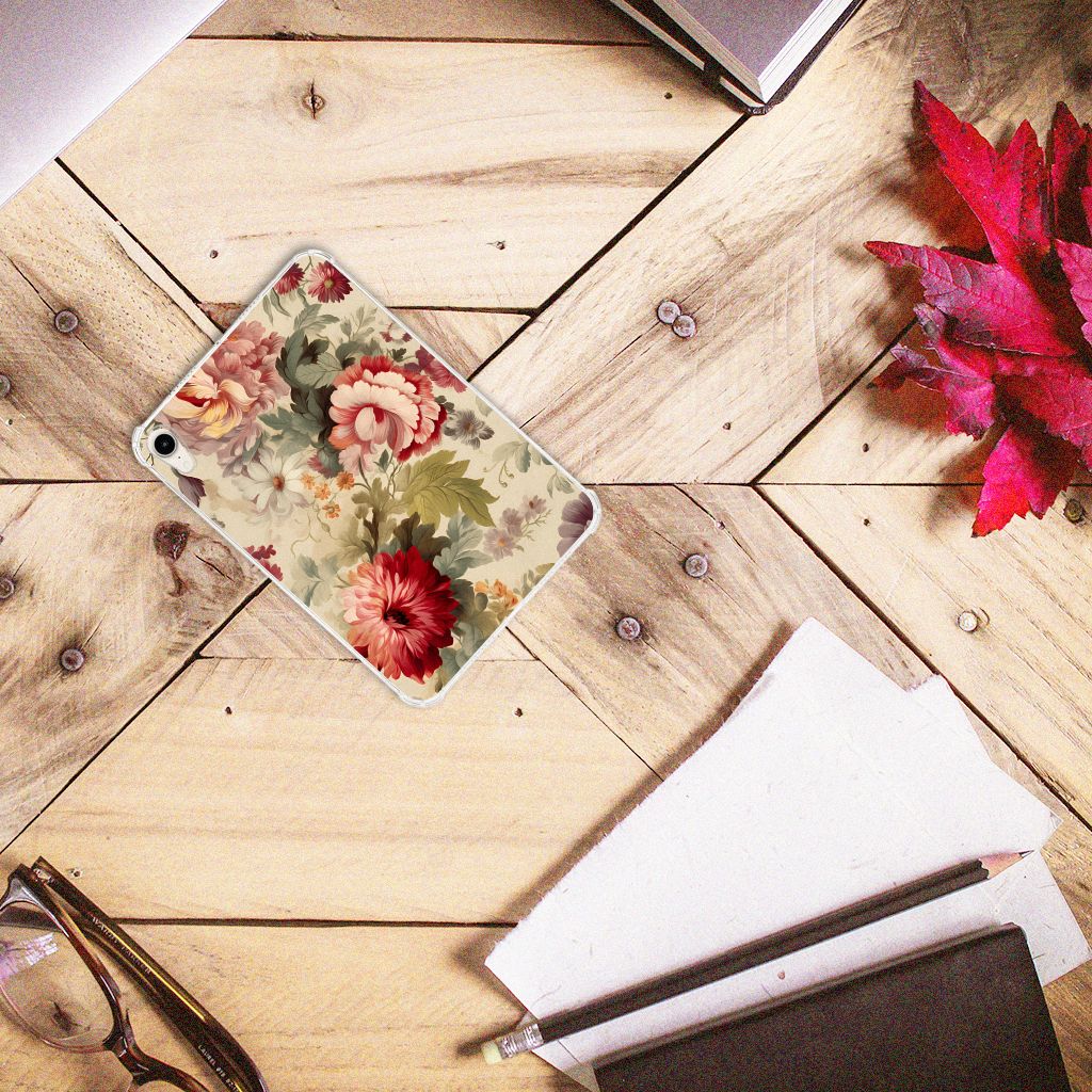 Siliconen Hoesje voor Apple iPad mini 6 (2021) Bloemen op een houten tafel met notebooks en een bril.