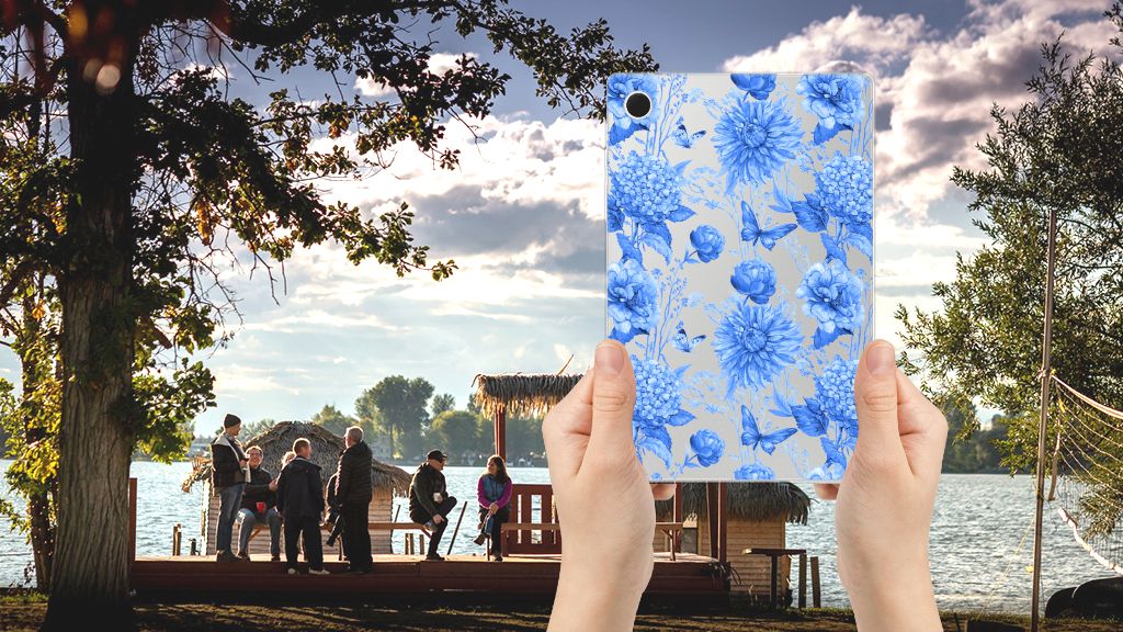 Samsung Galaxy Tab A8 2021/2022 Siliconen Hoesje voor Samsung Galaxy Tab A8 2021/2022 Flowers Blue aanzicht