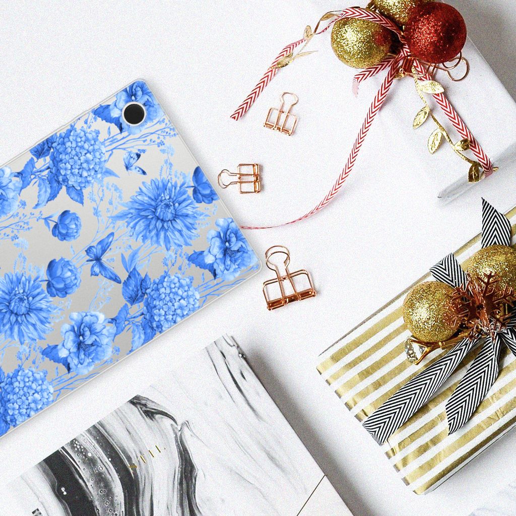 Samsung Galaxy Tab A8 2021/2022 Siliconen Hoesje Flowers Blue bovenaanzicht