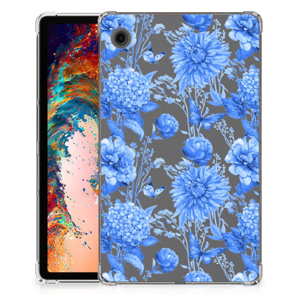 Samsung Galaxy Tab A9 Siliconen Hoesje Flowers Blue achterkant