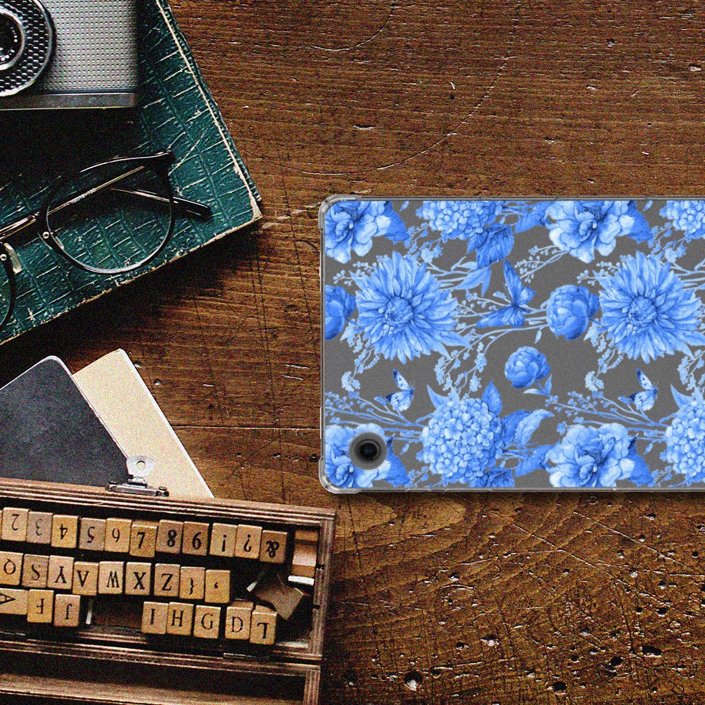 Samsung Galaxy Tab A9 Siliconen Hoesje Flowers Blue bovenaanzicht
