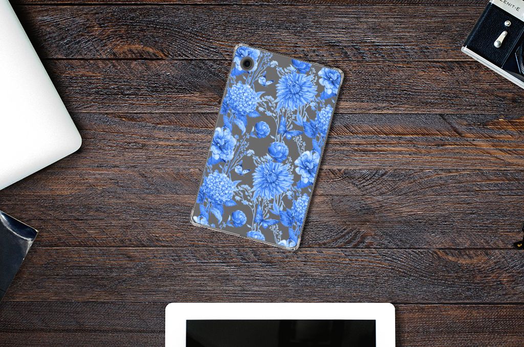 Samsung Galaxy Tab A9 Siliconen Hoesje Flowers Blue bovenaanzicht