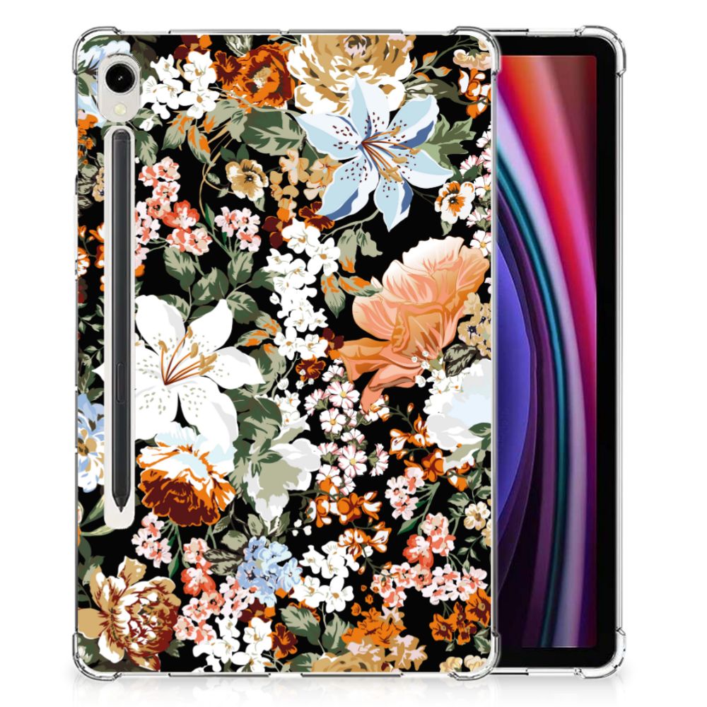 Samsung Galaxy Tab S9 Siliconen Hoesje Dark Flowers voorkant