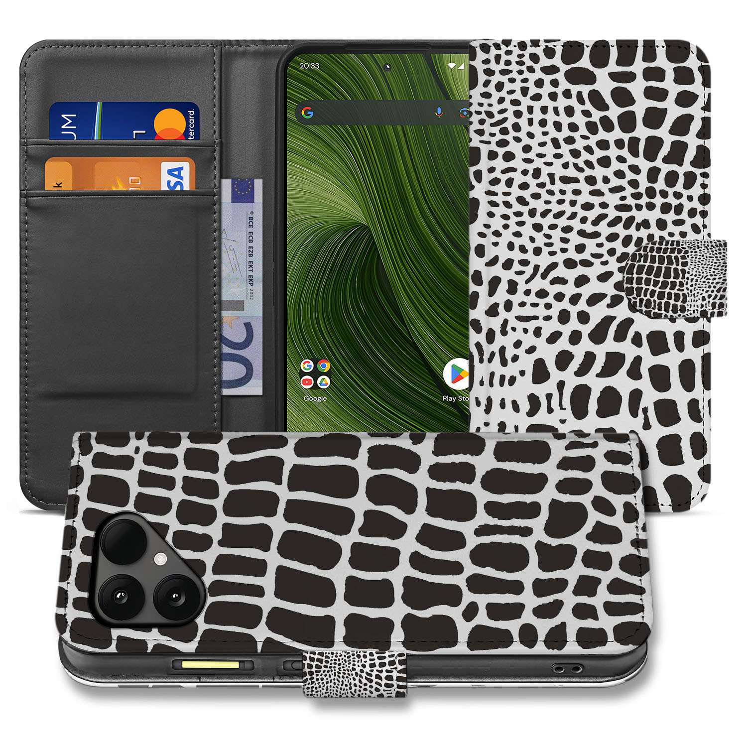 Slangenprint Fairphone 6 Book Case detail design zwart wit