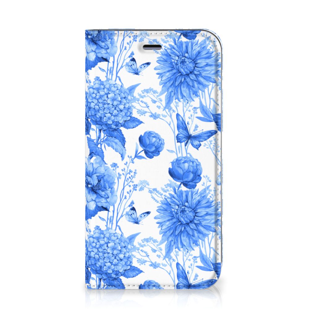 Smart Cover voor Apple iPhone 11 Flowers Blue met een prachtig bloemenpatroon in blauwe tinten.