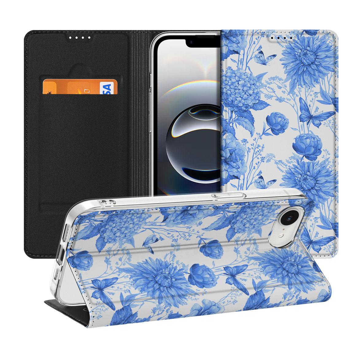 Apple iPhone 16e Smart Cover voor Apple iPhone 16e Flowers Blue design voorkant achterkant