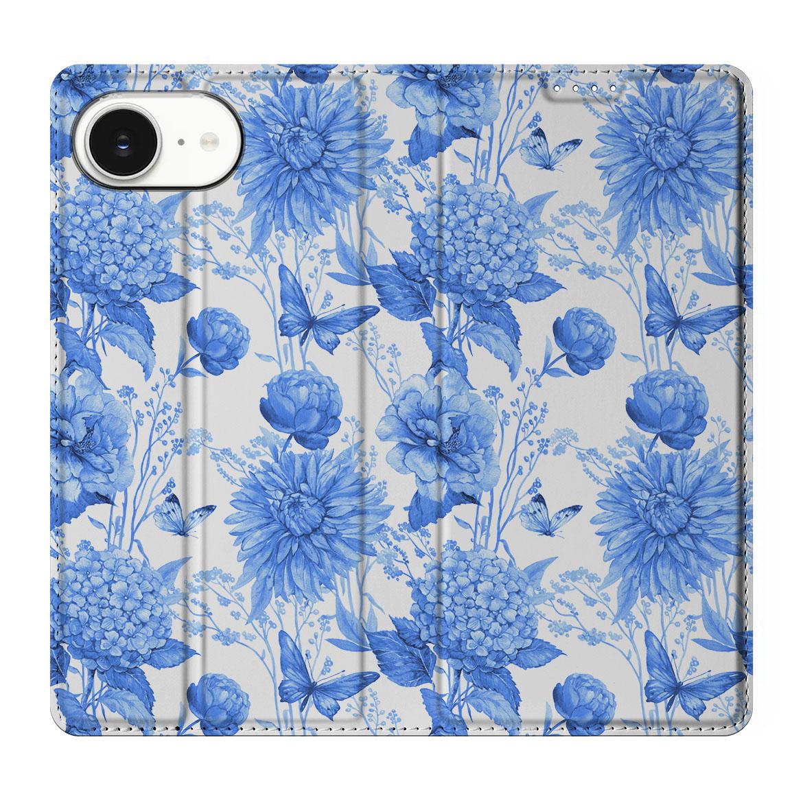 Apple iPhone 16e Smart Cover Flowers Blue design voorkant