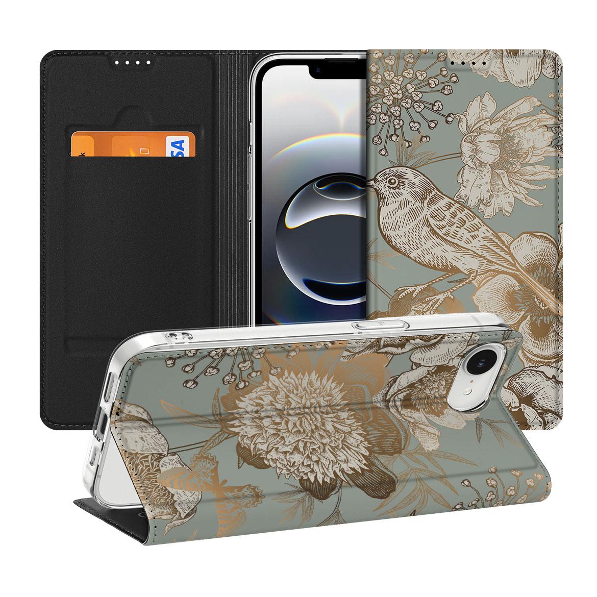 Apple iPhone 16e Smart Cover Vintage Bird Flowers voorkant zijkant