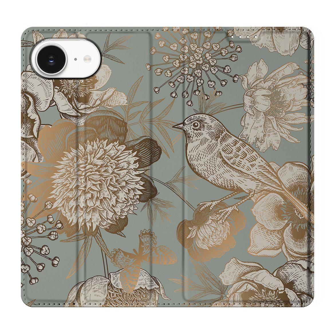 Apple iPhone 16e Smart Cover Vintage Bird Flowers voorkant