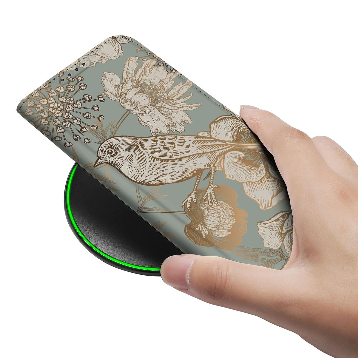 Apple iPhone 16e Smart Cover Vintage Bird Flowers hand aanzicht