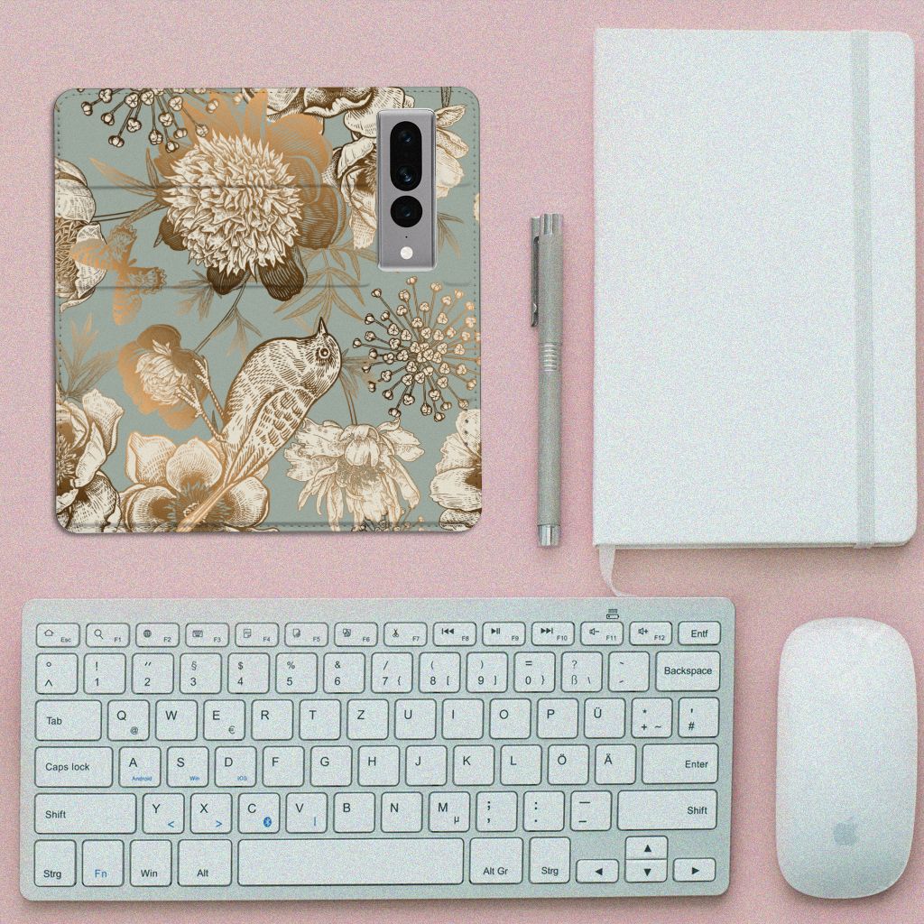 Google Pixel 7 Pro Smart Cover Vintage Bird Flowers bovenaanzicht toetsenbord muis notitieboek