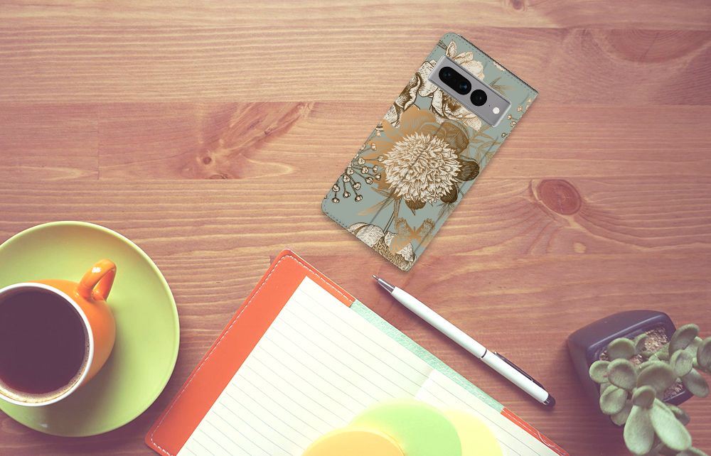 Google Pixel 7 Pro Smart Cover voor Google Pixel 7 Pro Vintage Bird Flowers bovenaanzicht