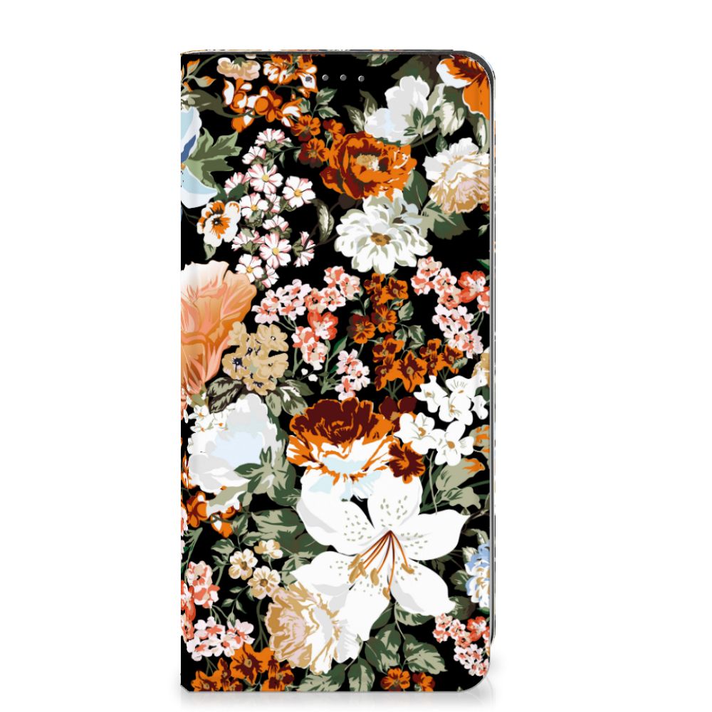 Smart Cover voor Google Pixel 7A Dark Flowers met kleurrijke bloemen, ideaal als cadeau voor gebruiksgemak en stijl.