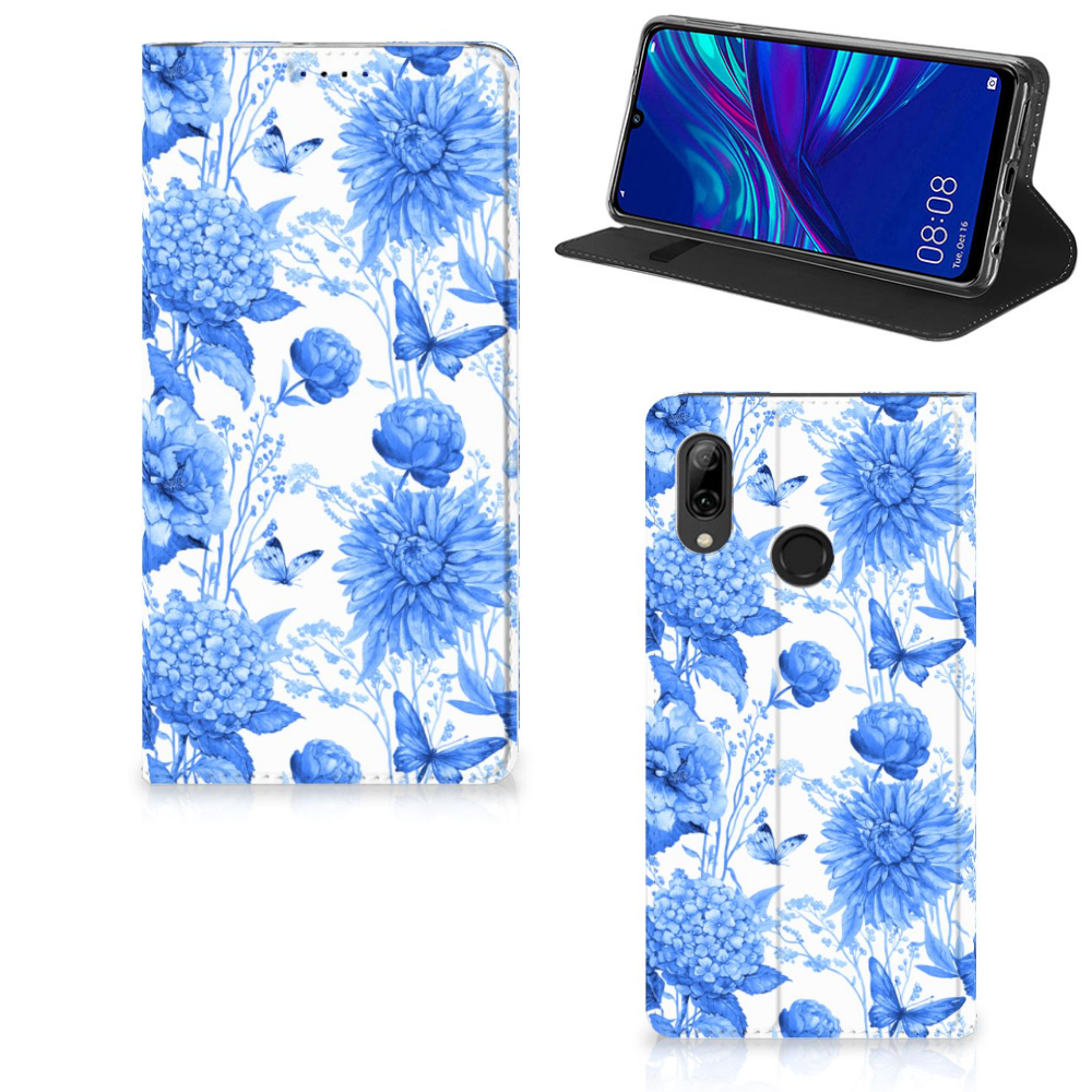 Huawei P Smart (2019) Smart Cover Flowers Blue voorkant achterkant aanzicht