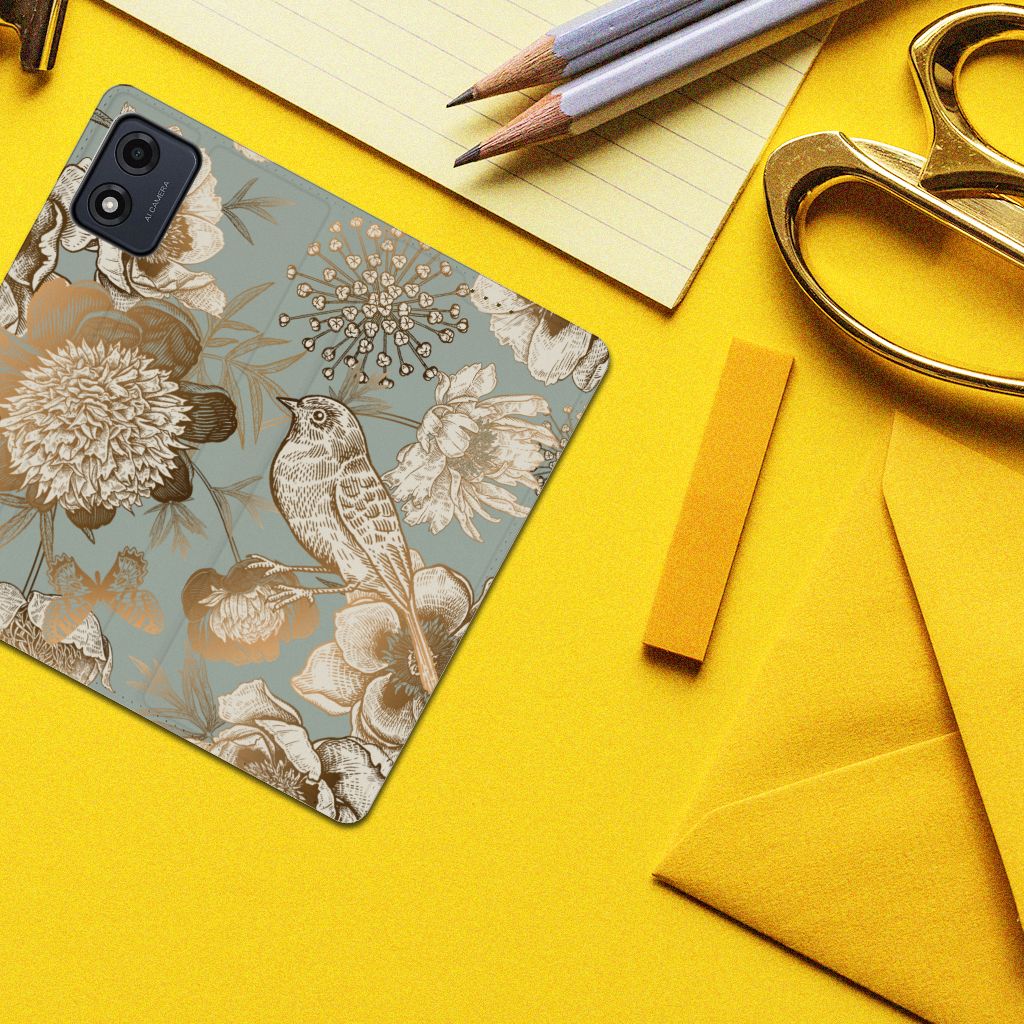 Motorola Moto E13 4G Smart Cover Vintage Bird Flowers bovenaanzicht
