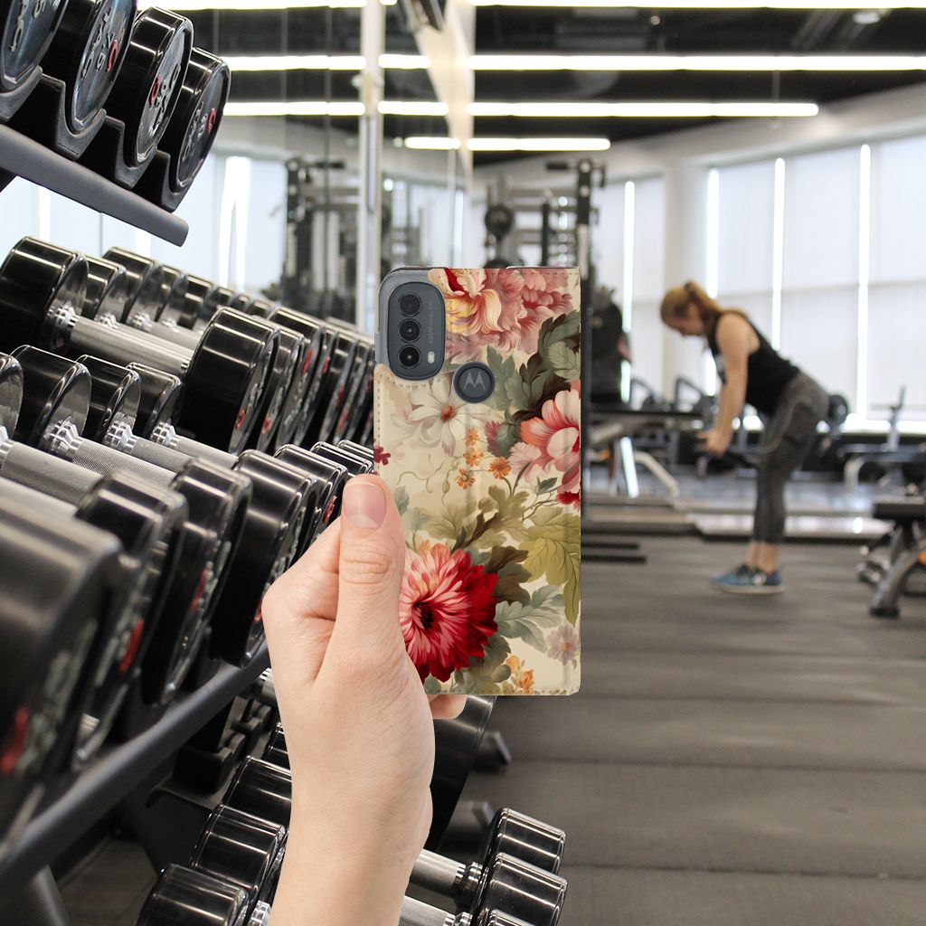 Motorola Moto E20 Smart Cover Bloemen hand gym doorzicht