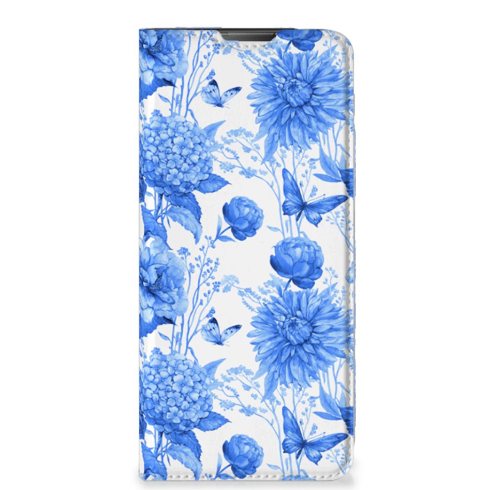 Motorola Moto E20 Smart Cover Flowers Blue bloemen ontwerp voorkant