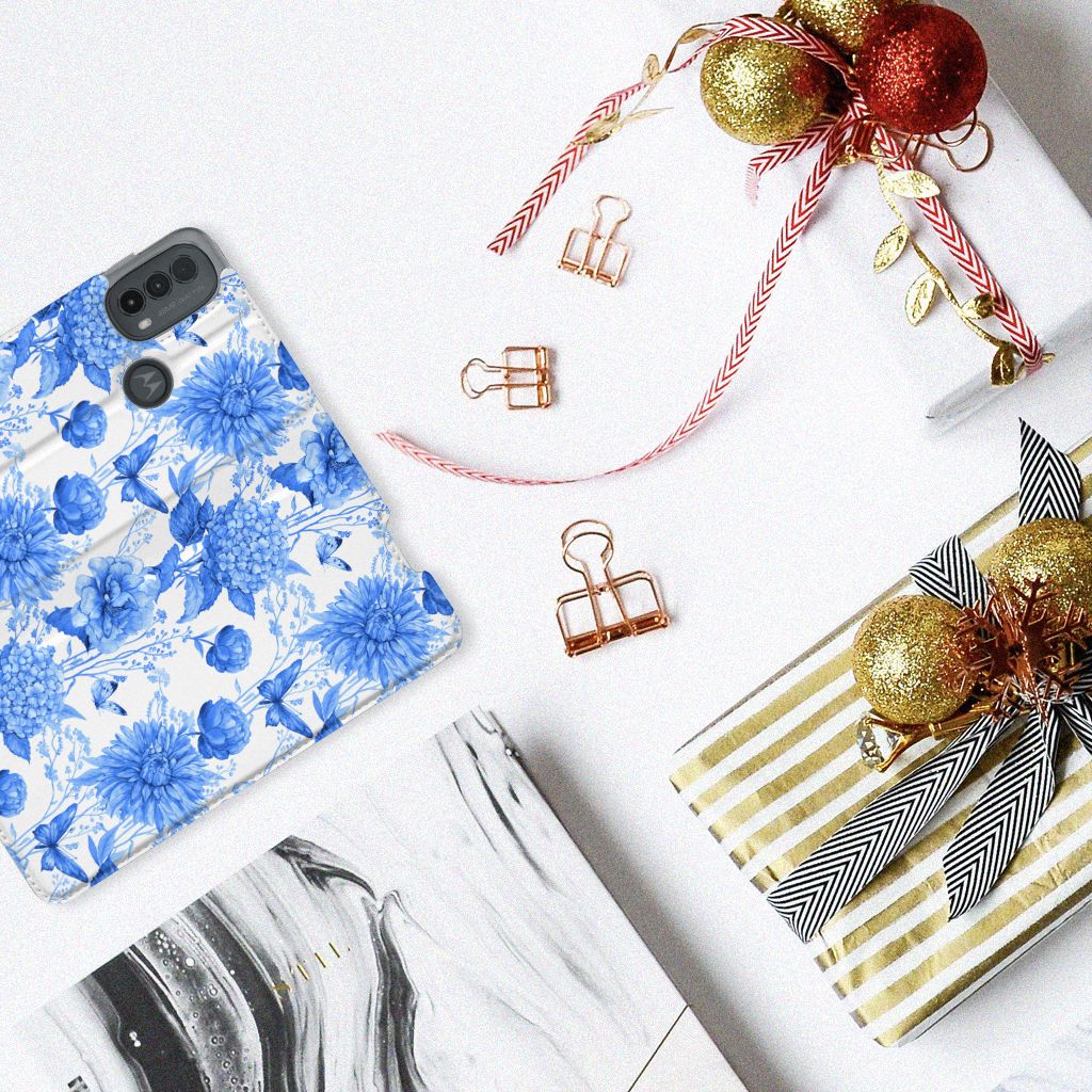 Motorola Moto E20 Smart Cover Flowers Blue bovenaanzicht