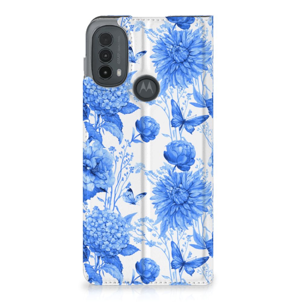 Motorola Moto E20 Smart Cover Flowers Blue achterkant