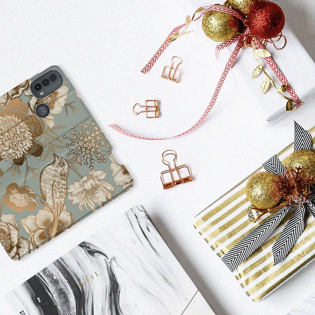 Motorola Moto E20 Smart Cover Vintage Bird Flowers aanzicht