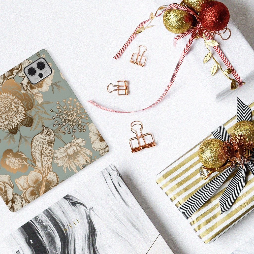Motorola Moto G13 G23 Smart Cover Vintage Bird Flowers bovenaanzicht