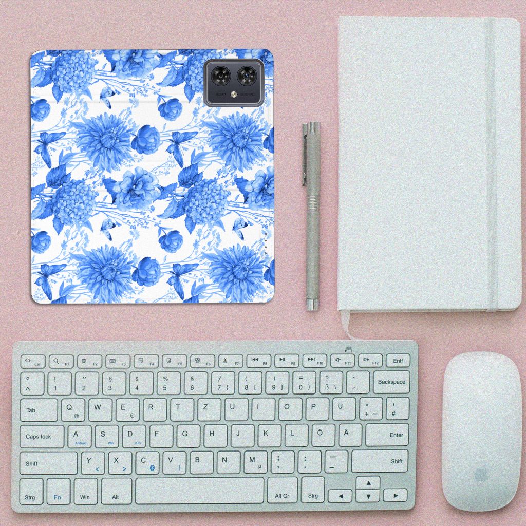Motorola Moto G54 Smart Cover Flowers Blue bovenaanzicht