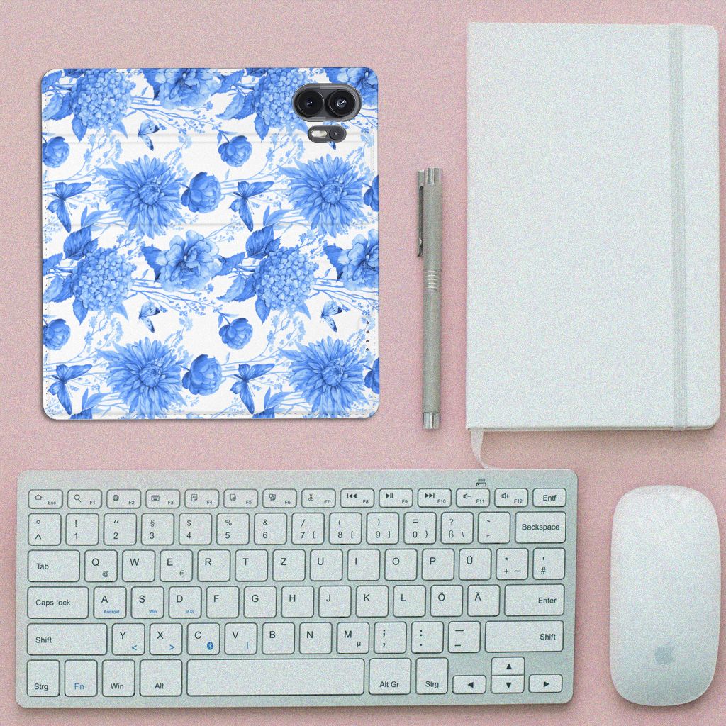 Smart Cover voor Nothing Phone (2) Flowers Blue bloemen design bovenaanzicht