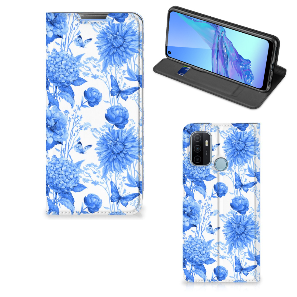 Smart Cover voor OPPO A53 | A53s Flowers Blue bloemen ontwerp voorkant achterkant