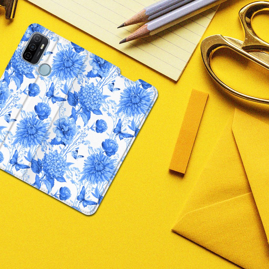 OPPO A53 A53s Smart Cover Flowers Blue bovenaanzicht