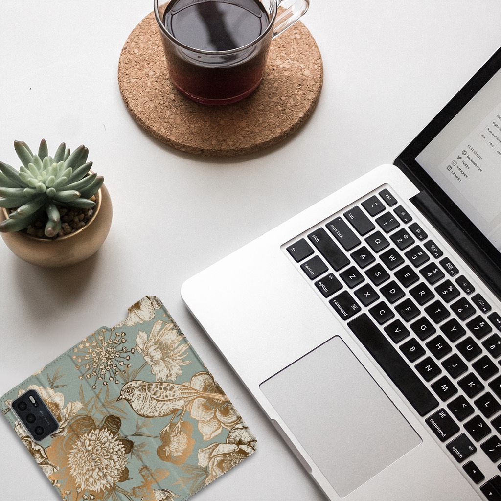 Smart Cover voor OPPO A54s | A16 | A16s Vintage Bird Flowers - B2C Telecom