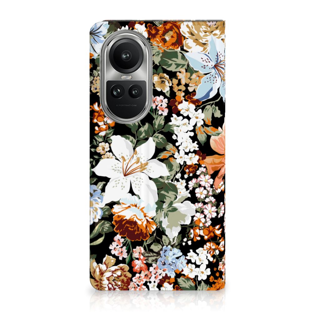Smart Cover voor OPPO Reno10 | 10 Pro Dark Flowers met kleurrijk bloemenpatroon voor bescherming en gebruiksgemak.