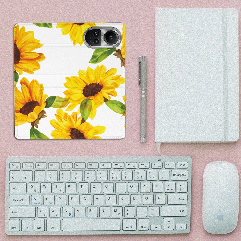 Smart Cover voor OPPO Reno10 | 10 Pro Zonnebloemen design bovenaanzicht