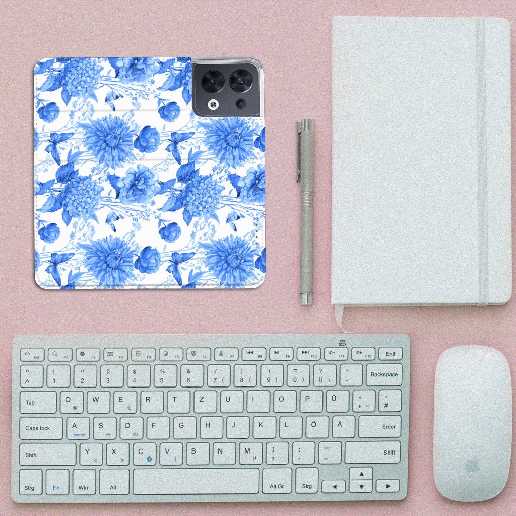 OPPO Reno8 Smart Cover Flowers Blue bovenaanzicht toetsenbord muis notitieboek