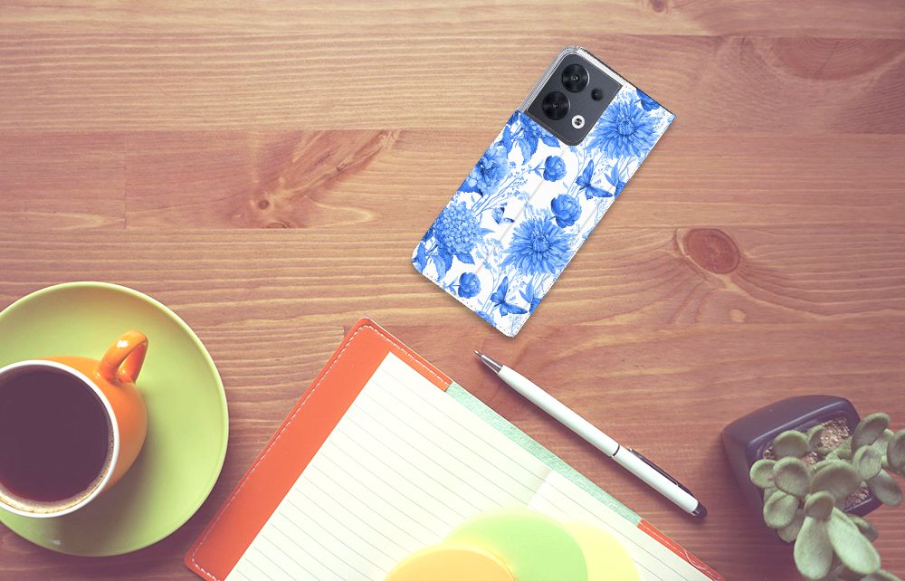 OPPO Reno8 Smart Cover Flowers Blue bovenaanzicht telefoonhoesje met bloemen