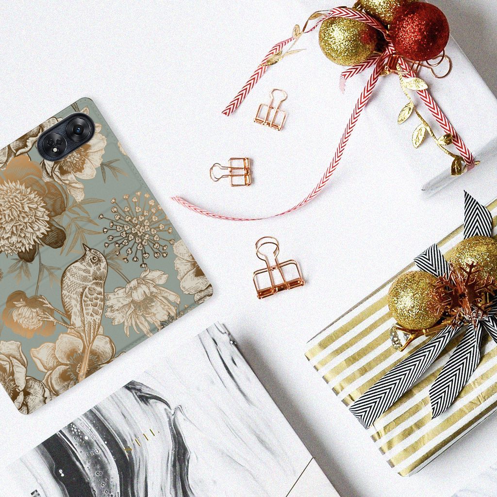 Smart Cover voor OPPO Reno8 T 4G Vintage Bird Flowers met cadeau en decoratie.