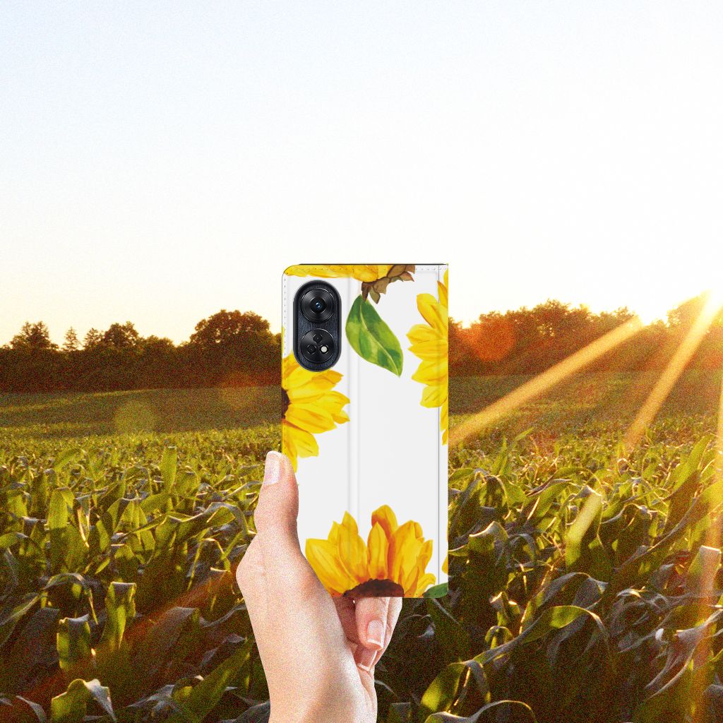 OPPO Reno8 T 4G Smart Cover Zonnebloemen hand zonnebloemen veld