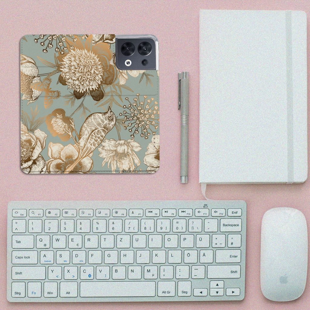 OPPO Reno8 Smart Cover Vintage Bird Flowers bovenaanzicht