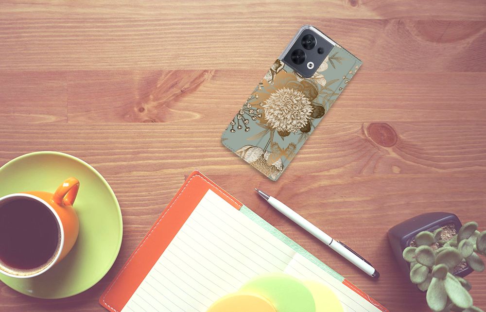 Smart Cover voor OPPO Reno8 Vintage Bird Flowers bovenaanzicht