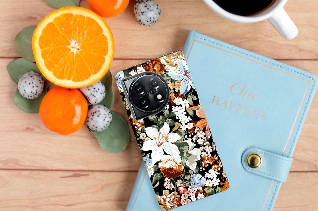 OnePlus 11 Smart Cover voor OnePlus 11 Dark Flowers bovenaanzicht bloemen