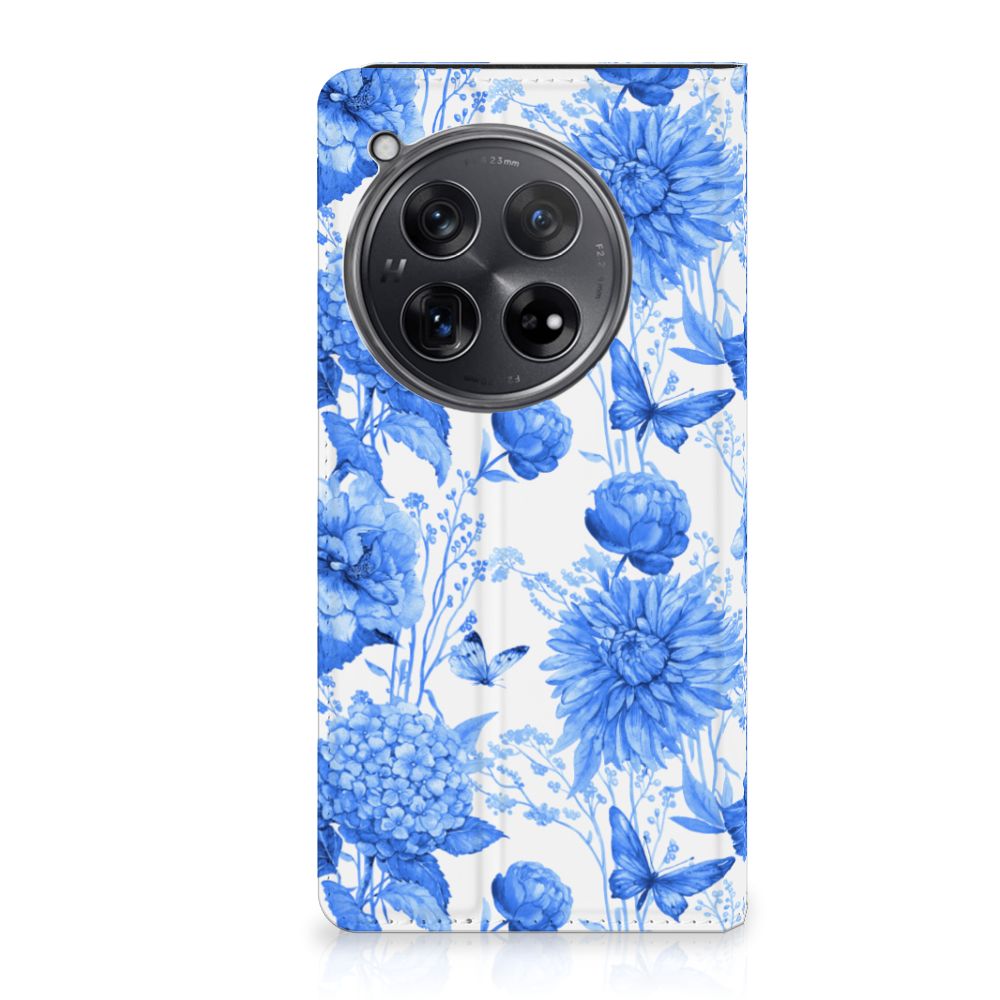 OnePlus 12 Smart Cover Flowers Blue voorkant bloemen design