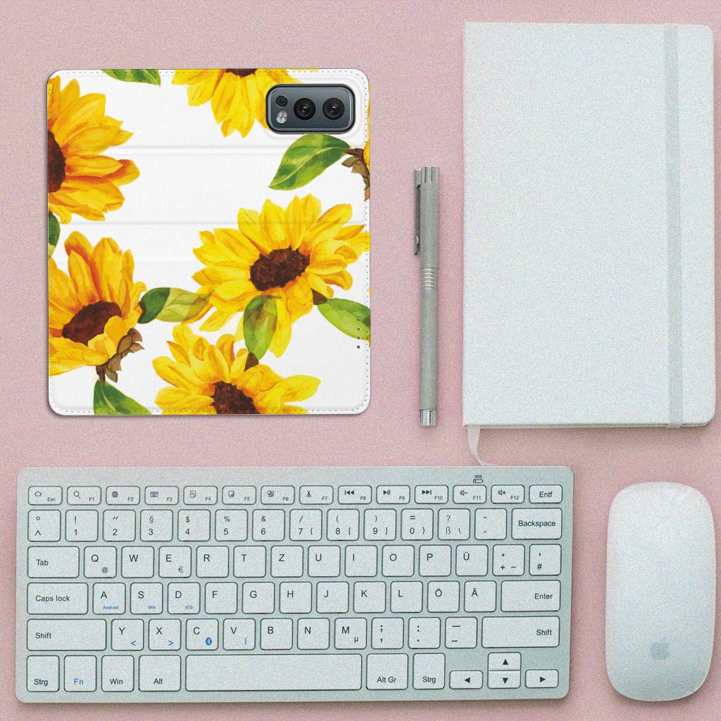 Smart Cover voor OnePlus Nord 2 5G Zonnebloemen design met zonnebloemen front aanzicht