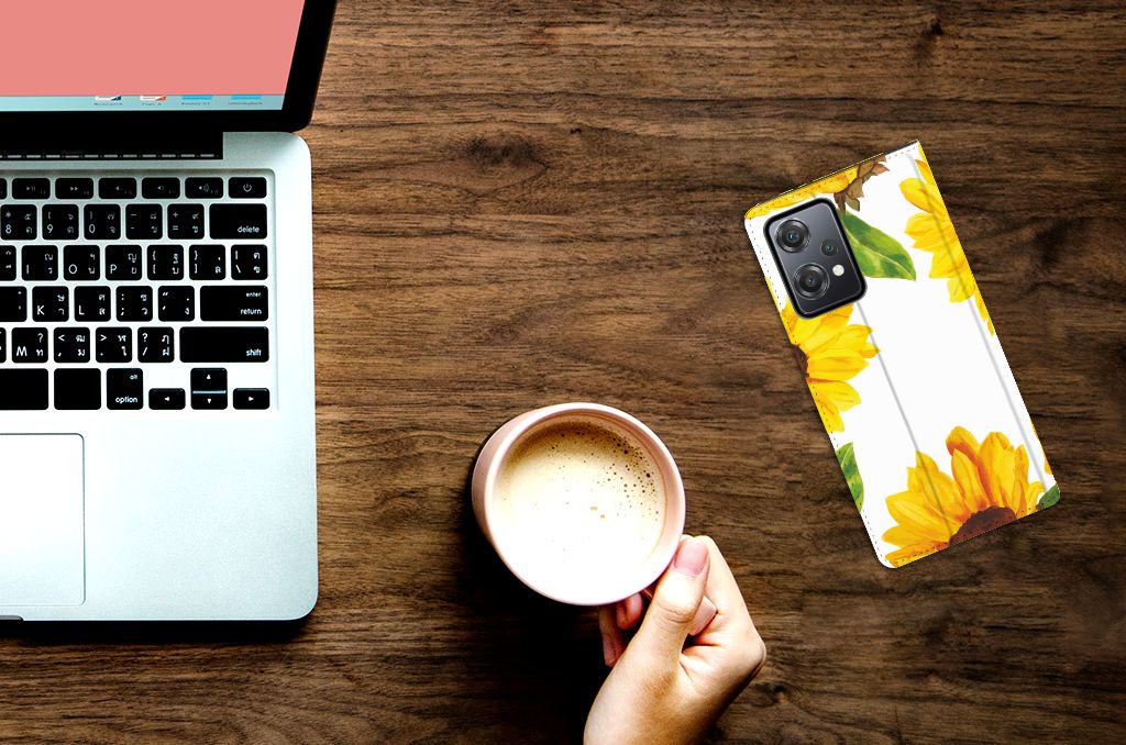 Smart Cover voor OnePlus Nord CE 2 Lite 5G Zonnebloemen laptop zonnebloemen design aanzicht
