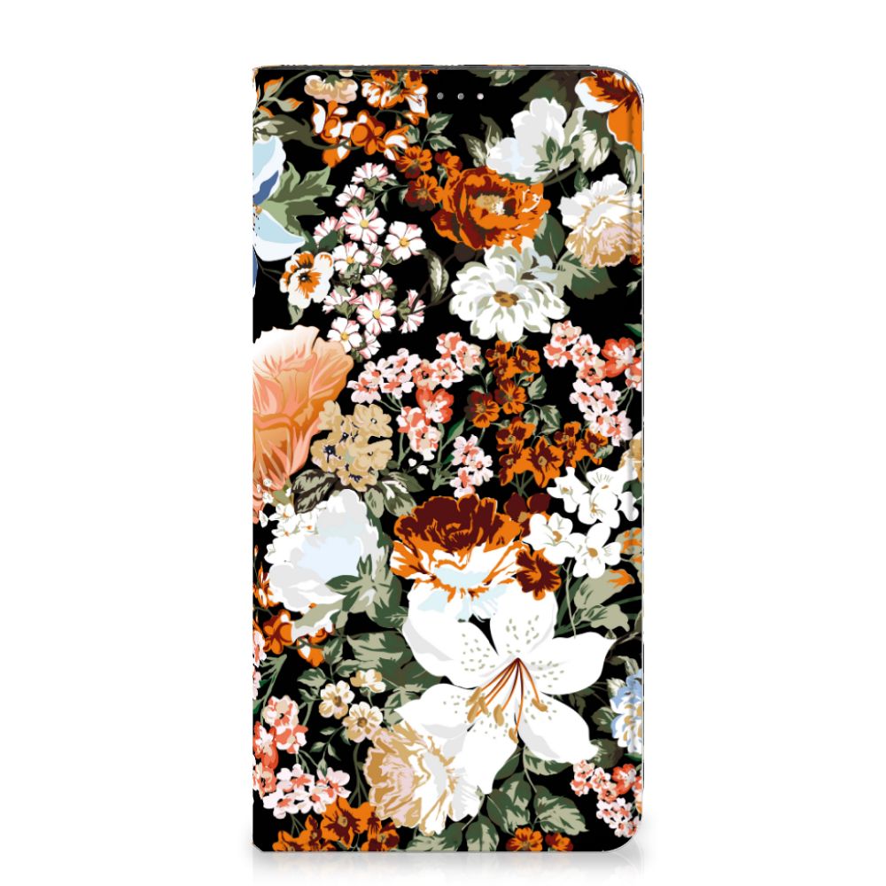 Smart Cover voor Samsung Galaxy A14 4G Dark Flowers met kleurrijke bloemen op een zwarte achtergrond