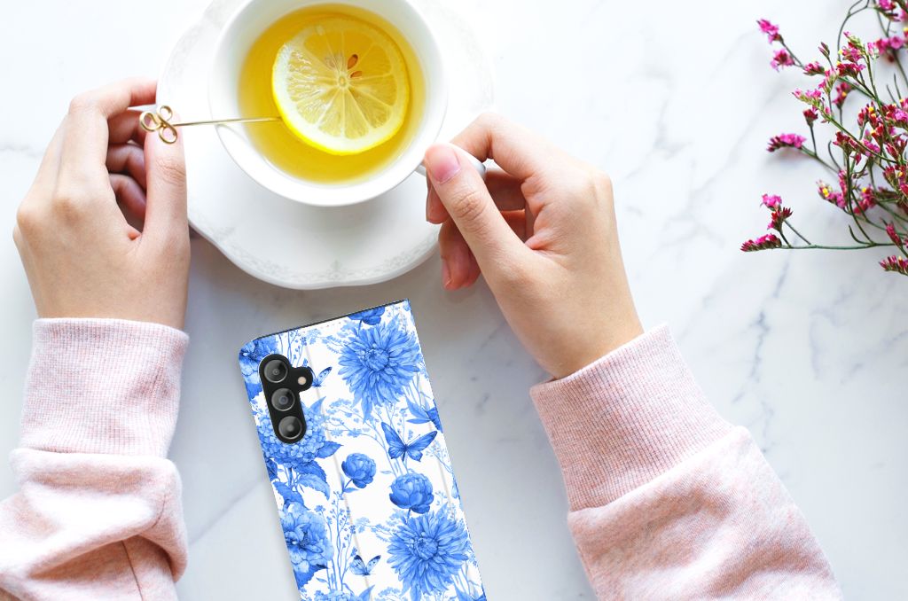 Samsung Galaxy A14 4G Smart Cover Flowers Blue aanzicht