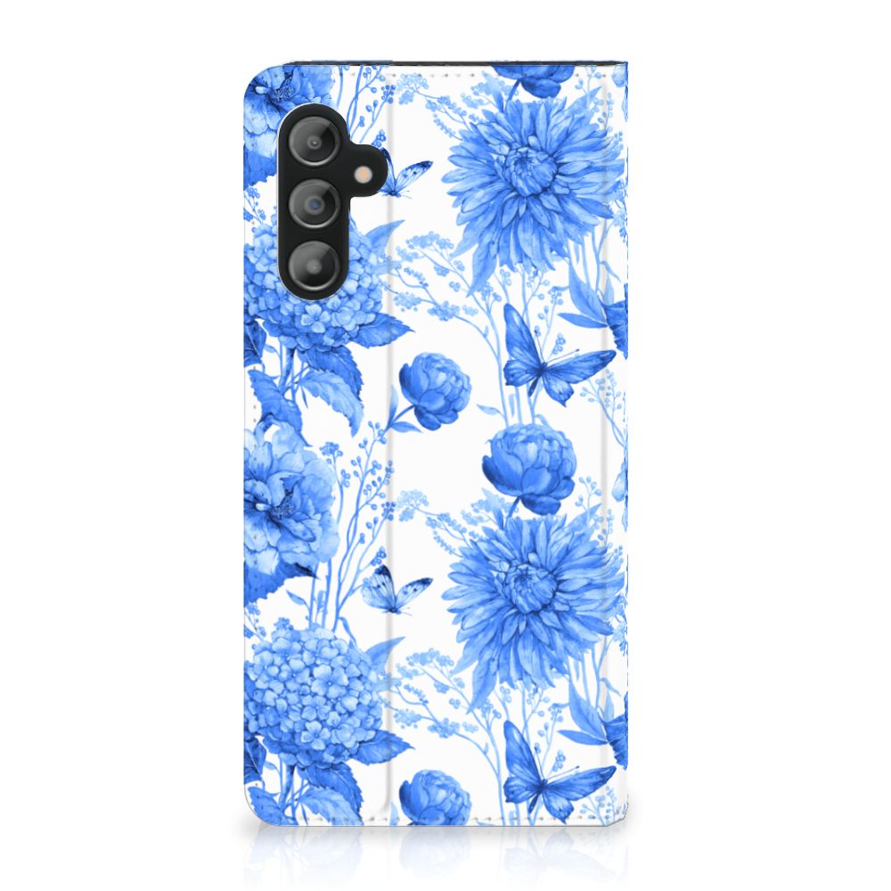 Smart Cover voor Samsung Galaxy A14 4G Flowers Blue bloemen design vooraanzicht